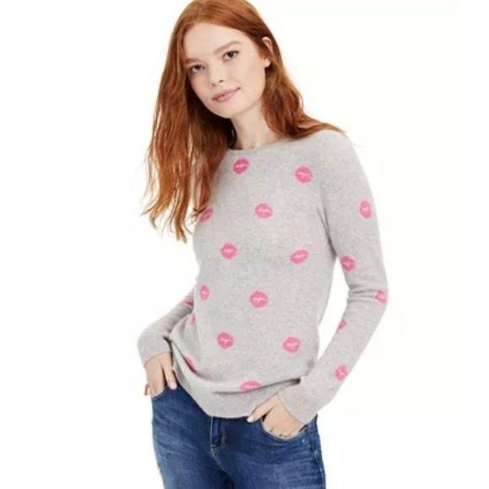 Charter Club 100% Cashmere Lipstick Lips Crewneck Sweater Gray Pink Medium